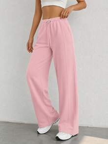 Pantalones Anchos Rosa Cerezo para Mujer con Cordón, Estilo Casual Coreano Ocasiones Paseos, compras, vacaciones, deporte ligero - Rosa - Ver 3