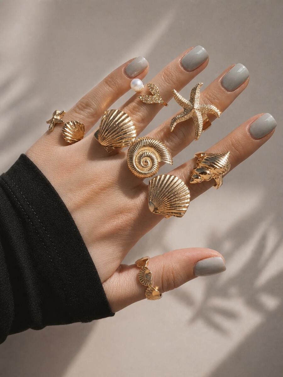 8pcs Exaggerated Wide Metal Open Ring Set, Faux Shell, Starfish, Conch, Fish Tail, Rhinestone, Thick Smooth Asymmetrical Geometric Multi-Layered Rings For Women, Date, Banquet, Beach, Vacation, Party, Music Festival Accessories