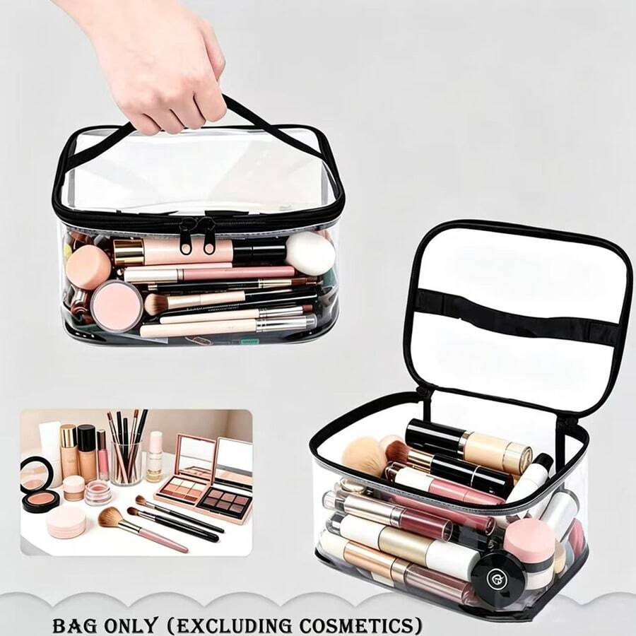 Bolsa de cosméticos portátil de PVC transparente con doble cremallera, impermeable, bolsa de aseo de viaje grande, organizador de almacenamiento de mano para cuidado de la piel, brochas de maquillaje, artículos de papelería para estudiantes, lápices, borradores, artículos de tocador de baño, artículos varios de escritorio para viaje, negocios y equipaje - Multicolor - View 1