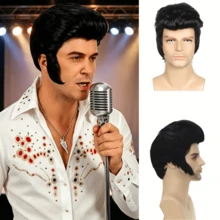 Men's Black Vintage Rock Singer Cosplay Synthetic Wig, High Top Voluminous Back, Suitable For Halloween Party And Rock Star Role Play - Black - View 1