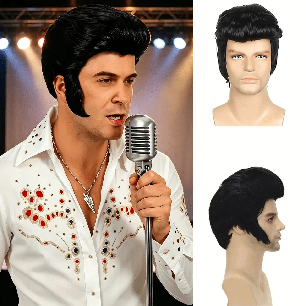 Men's Black Vintage Rock Singer Cosplay Synthetic Wig, High Top Voluminous Back, Suitable For Halloween Party And Rock Star Role Play - Black - View 1