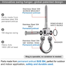 Set Of 2 Permanent Antirust 304 Stainless Steel Screw Bracket Heavy Duty 180° Swing Hangers, 1800LB Capacity Playground Yoga Hammock Rope Tire Web Chair Sandbag Punching Bag Porch Swing Sets - Silver - View 8