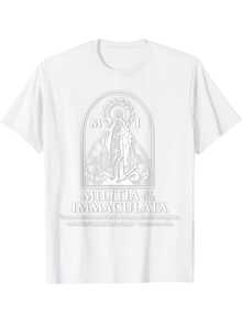 Camisetaólica para Hombre - Diseño de la Inmaculada Virgen María y San Maximiliano Kolbe - Algodón% de 180g de peso pesado - Negra con diseño de la apariencia de la Virgen María en b - Blanco - Ver 1