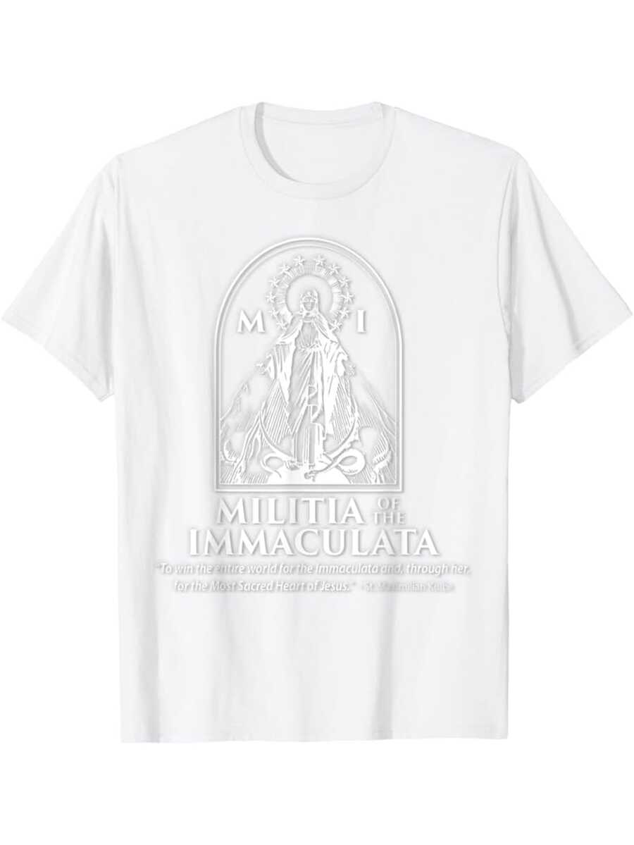 Camisetaólica para Hombre - Diseño de la Inmaculada Virgen María y San Maximiliano Kolbe - Algodón% de 180g de peso pesado - Negra con diseño de la apariencia de la Virgen María en b - Blanco - Ver 1