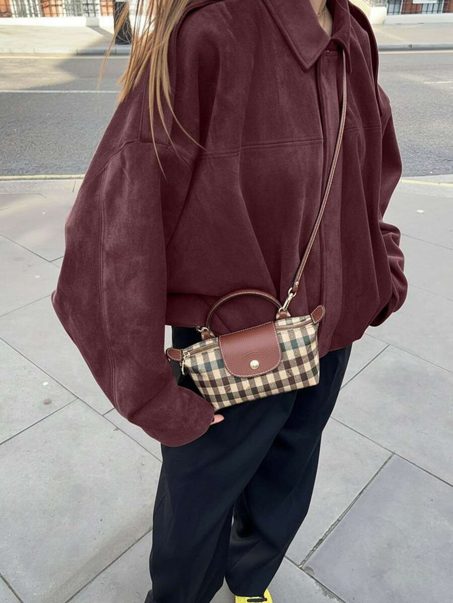 Chaqueta casual suelta de manga larga de ante sintético de un solo pecho para mujer, adecuada para usar en primavera. Chaqueta militar corta de mujer con botones de metal en los bolsillos, a - Burdeos - Ver 1