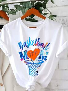 Women's Plus Size T-Shirt With Basketball Letter And Heart Print In Color Gradient, Round Neck - White - View 2