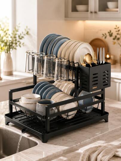 Dish Drying Rack - Stainless Steel Dish Rack For Kitchen Counter, Escurridor De Platos Para Fregadero,House Essentials,Large-Capacity Dish Drainer With Cutlery Holder, Kitchen Organizer For Kitchen Essentials, Spoons And Forks, Black