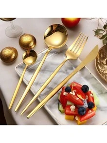 4/8/6/12pcs Gold Stainless Steel Spoons & Forks, Suitable For Home, Hotel, Picnic, Dishwasher - Gold - View 4