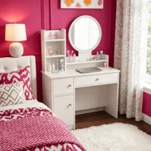 Compact Vanity Desk With Mirror & Lockable Cabinet, 3-Tier Makeup Table With Storage Shelves For Bedroom, Modern Nordic Space-Saving Dressing Table 80*40*130cm - Round Mirror Upgrade - View 7