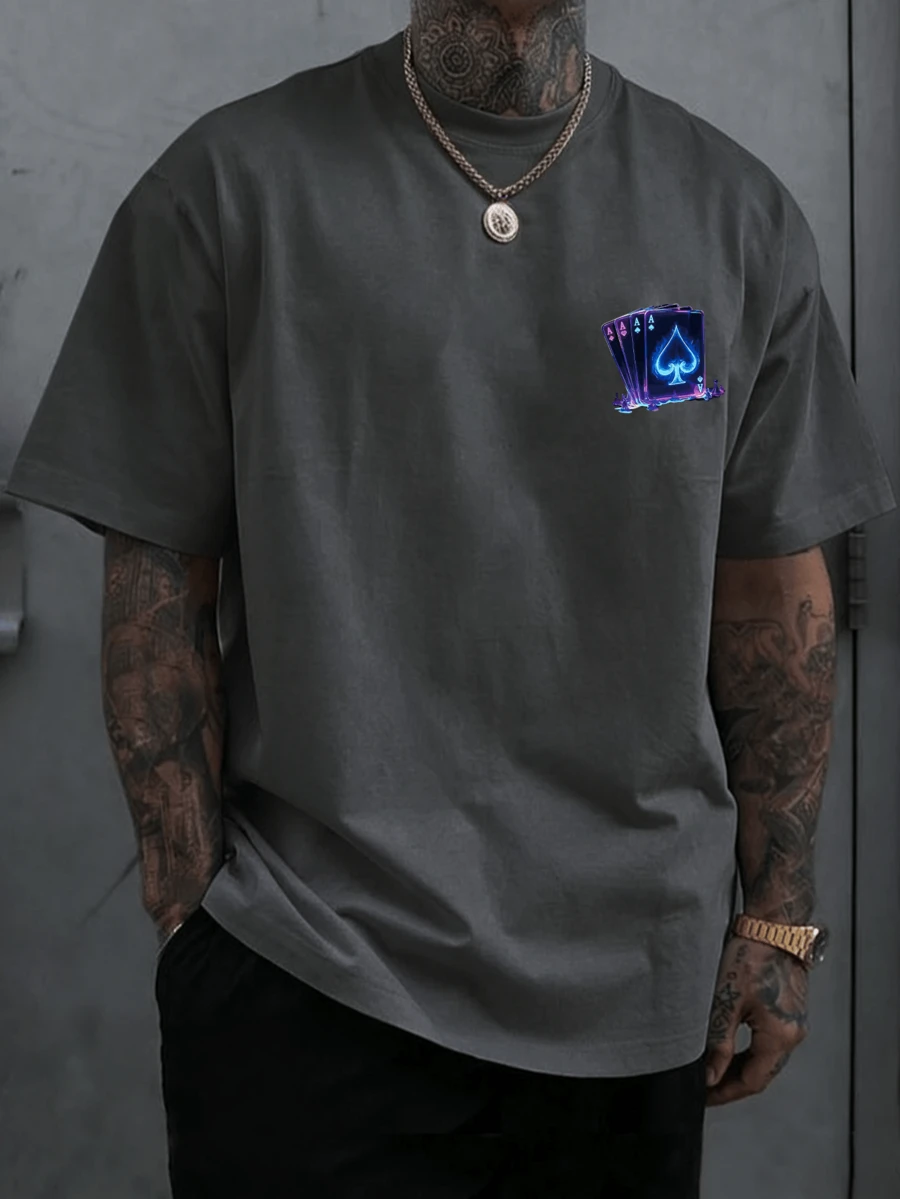 Plus Size Men's Fashion Multi-Functional Cool Poker Card Print Crew Neck Short Sleeve T-Shirt - Grey - View 1