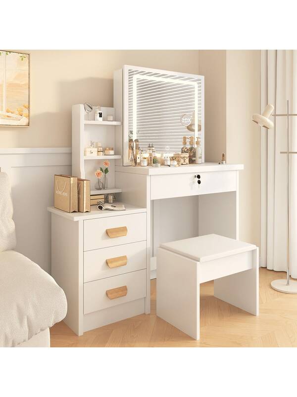 Set da toeletta con specchio e sgabello, illuminazione LED regolabile a 3 colori, tavolo da trucco con 4 cassetti e 4 ripiani, specchio scorrevole con lente d'ingrandimento 10x, vano di stoccaggio nascosto con ripiani e 5 ganci dietro lo specchio, 87*36*136 cm, moderno, per camera da letto, bianco