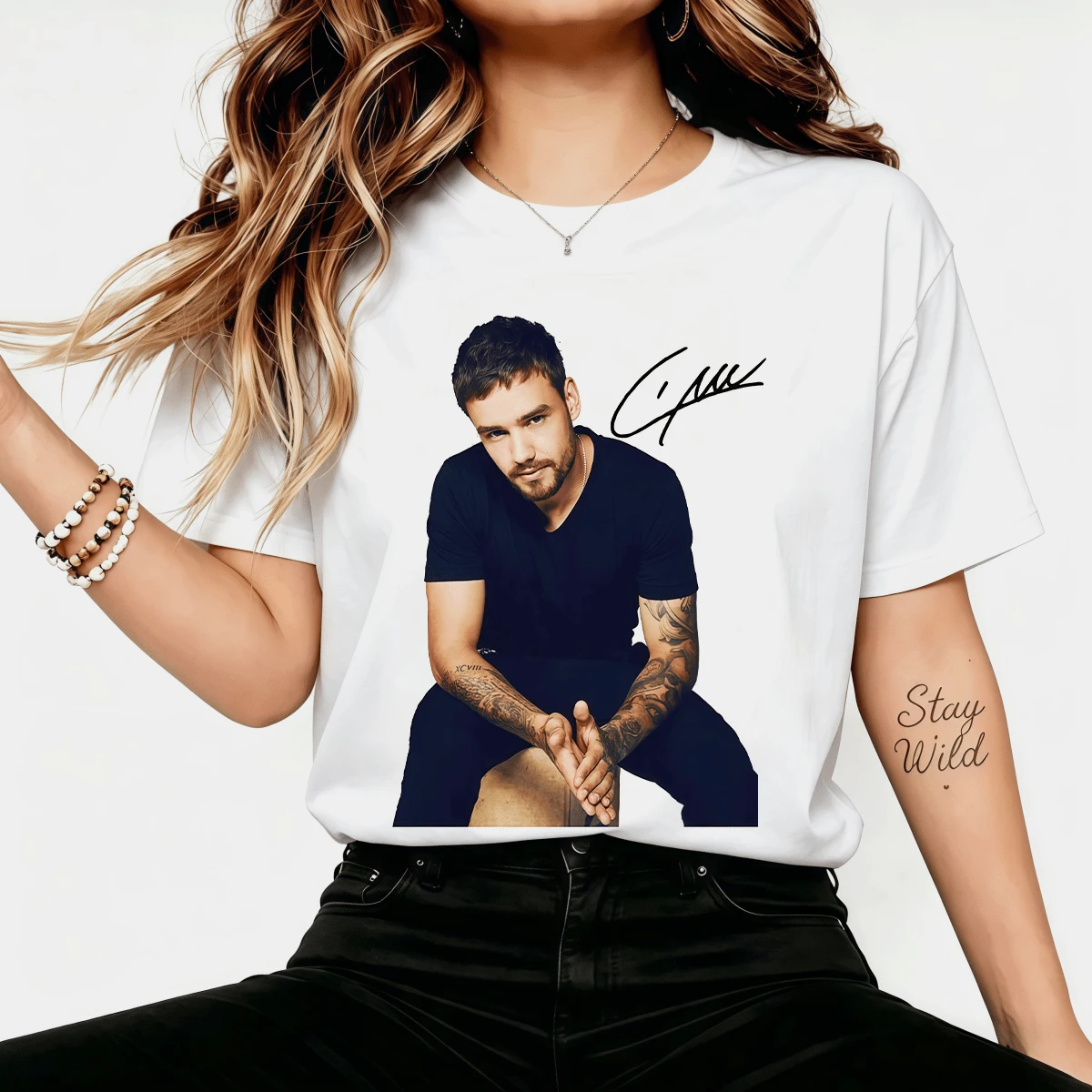 Liam Payne  Signature Graphic T-Shirt, Liam Payne Autogramm-Print Baumwoll-T-Shirt,  Idol Kurzarm-Rundhals-Top.. - White - View 1