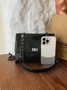 Fashion Solid Color Quilted Diamond Pattern Small PU Shoulder Bag, Portable Crossbody Bag, Multiple Compartments, Suitable For Women Shopping, Dating, Work Commuting And Daily Use. - Black - View 2