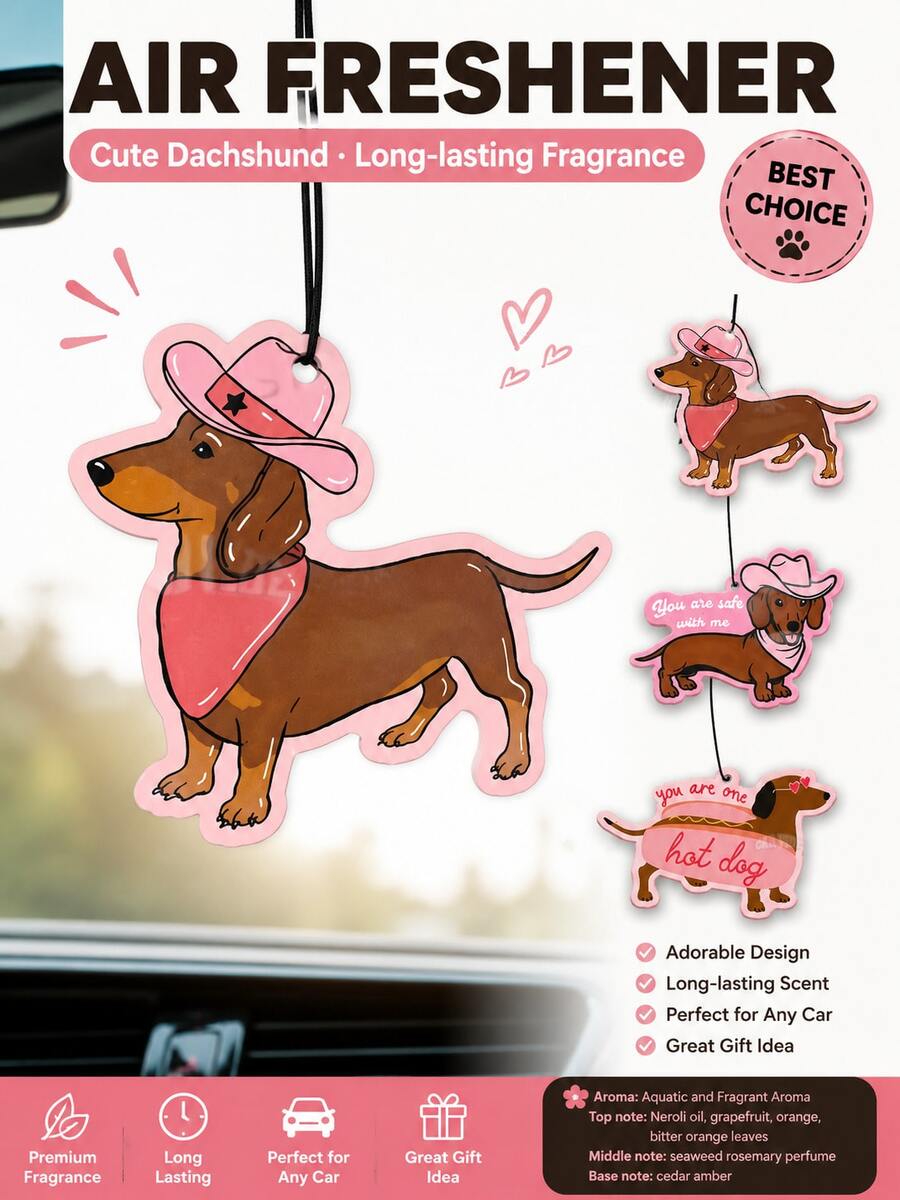 3pcs Cute Dachshund Car Aromatherapy, Y2K Fruit Pattern Hanging Decor. Dual-Use For Rearview Mirror And Air Vent, Long-Lasting Fragrance. Durable Car Decoration, Also Suitable For Home And Office. Ideal Holiday Gift For Car Owners And Friends. - Multicolor - View 1