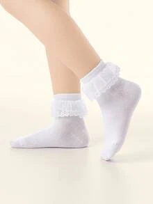5双女童蕾丝边短袜，可爱公主风，柔软舒适，时尚花卉蕾丝袜，适合日常穿着、假期、派对、返校季等场合。 - 彩色 - 查看 2