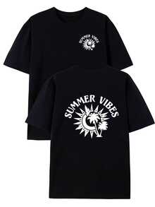 Camiseta para hombre con diseño de palmeras tropicales - estampado completo a doble cara, de manga corta, cuello redondo, estilo casual deportivo para playa, base negra con patrón de palmera - Negro - Ver 1