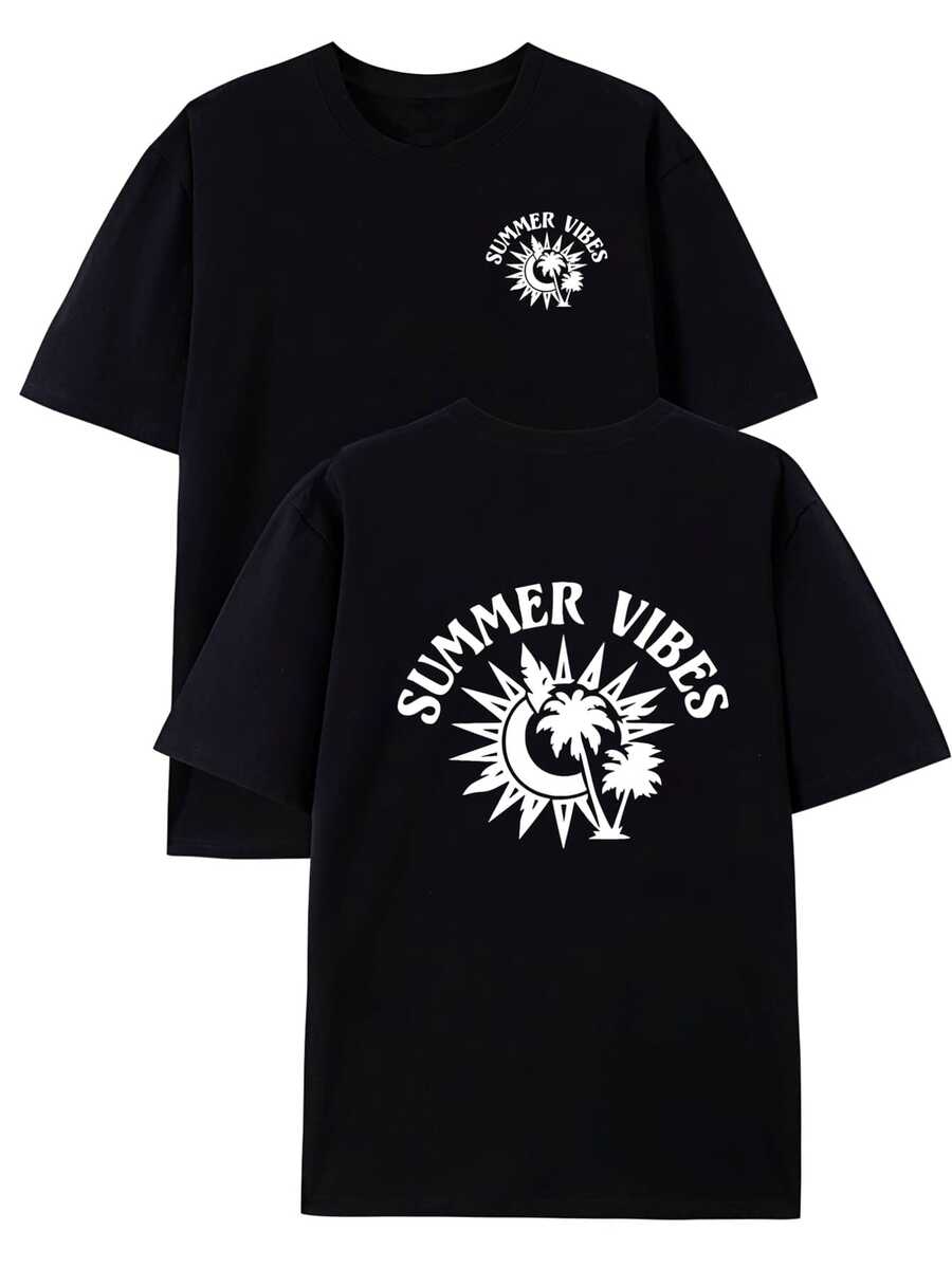 Camiseta para hombre con diseño de palmeras tropicales - estampado completo a doble cara, de manga corta, cuello redondo, estilo casual deportivo para playa, base negra con patrón de palmera - Negro - Ver 1