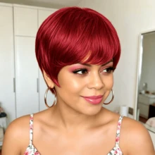 1 pieza Peluca corta pixie recta, tejida a máquina completa de cabello humano, cabello corto negro natural para mujer, peluca corta pixie de cabello humano no remy, adecuada para el trabajo diario - Multicolor - Ver 9