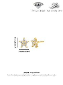 18K Gold Plated S925 Silver Pave CZ Star Stud Earrings, Elegant Minimalist Hypoallergenic Accessories With Gift Box For Women - Gold - View 2