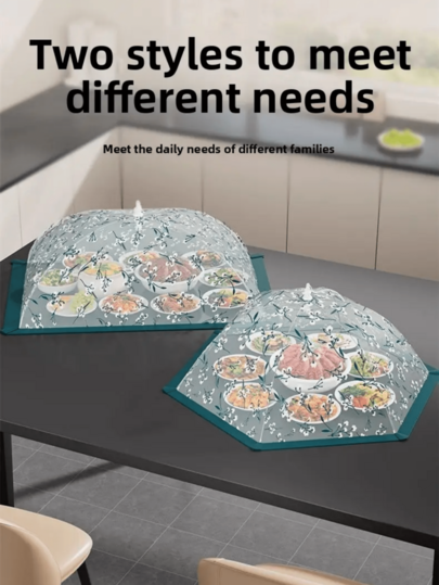 1pc Foldable Food Cover Net, Green Flower Print Meal Protector, Available In 70x50/70x70/80cm, Keep Flies Bugs Away For BBQ & Family Dinner