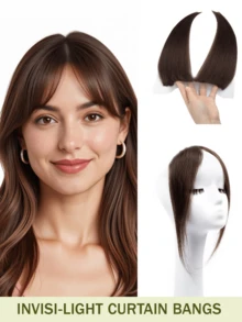 Curtain Bangs Invisi-Light Human Hair Face-Framing Lace Side Bangs Natural Straight Hair Fringe No Clip-In Hair Extensions Forehead Coverage Brown/Blonde Suitable For Daily Wear, Party Quick Hairstyle Change Seamless Breathable - Multicolor - View 17