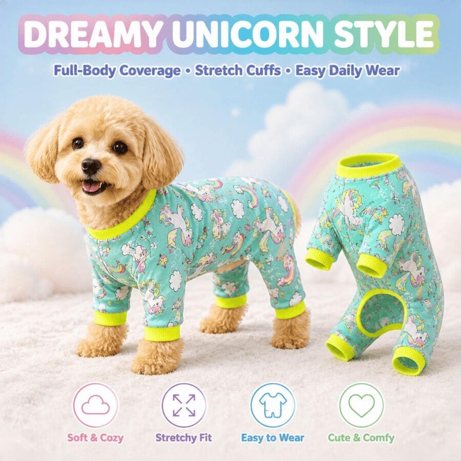 1pc Rainbow Unicorn Print Pet Dog / Skin-Friendly Elastic Home Wear / Soft High-Stretch Daily Comfortable Four-Legged Outfit / Suitable For Medium And Large Size Pet Dogs - Mint Blue - View 1