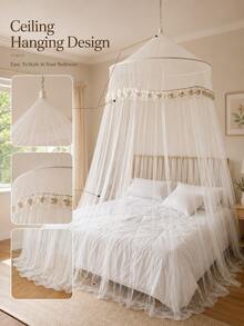 1pc Princess Royal Bed Canopy Mosquito Net, Solid Color, Lace Trim Round Dome Hanging Style, Lightweight Polyester Mesh, Mosquito Protection & Decorative Privacy, Fits Full Queen & Dorm Beds, Back To School College Dorm Bedroom Essential - B - View 7