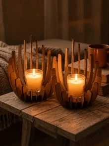 1/2/Pcs Creative Lotus-Shaped Natural Wood Tea Light Holder: Natural Wooden Candle Holder With Flame-Inspired Design And Handcrafted Finish, Perfect For Halloween, Christmas, Home Decor Or Adding Atmosphere To Wedding Proposals (Requires Manual Assembly) - Brown - View 2