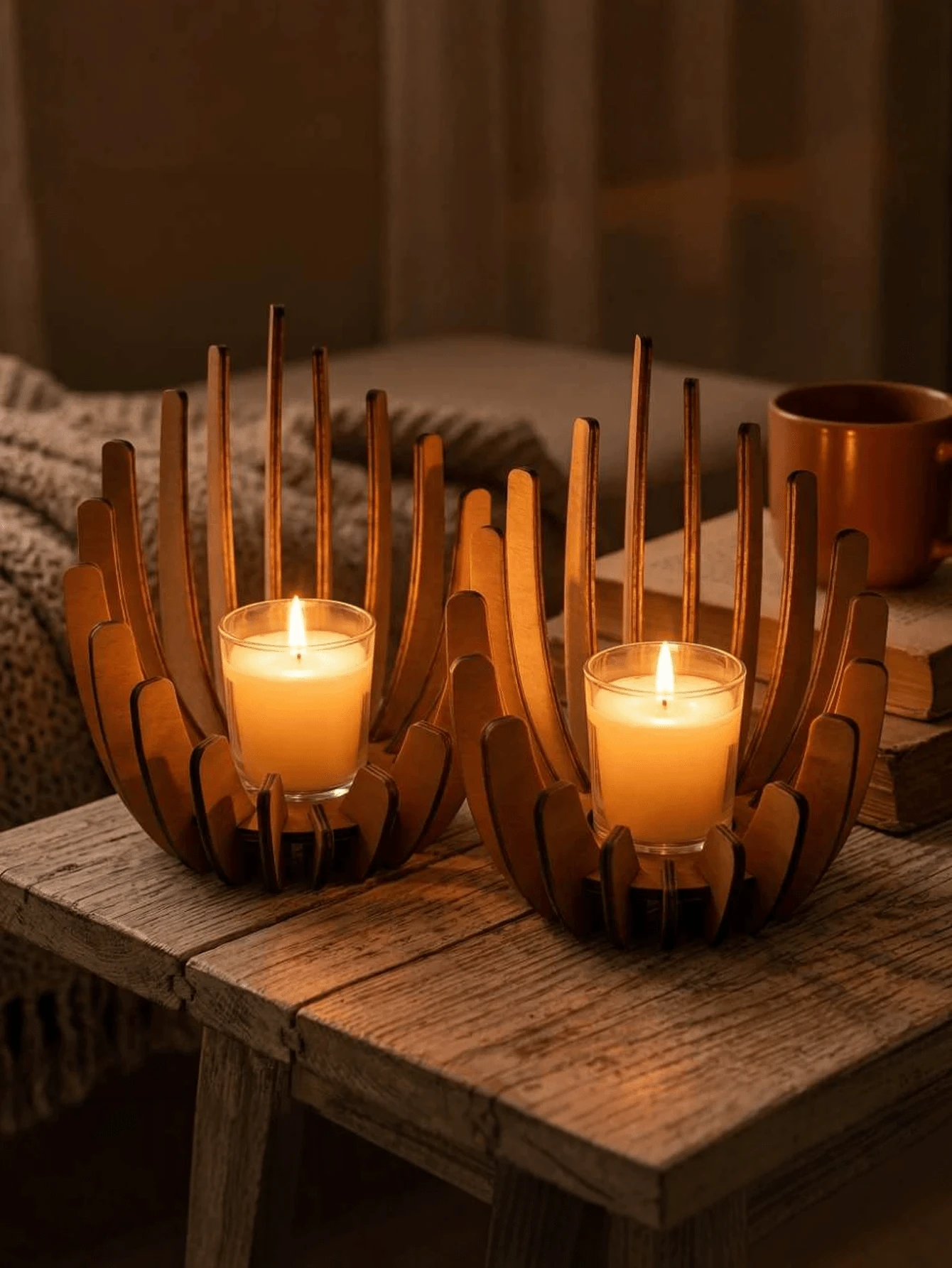 1/2/Pcs Creative Lotus-Shaped Natural Wood Tea Light Holder: Natural Wooden Candle Holder With Flame-Inspired Design And Handcrafted Finish, Perfect For Halloween, Christmas, Home Decor Or Adding Atmosphere To Wedding Proposals (Requires Manual Assembly)