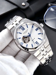 LONGLUX 1pc Men's Automatic Mechanical Watch, Hollow Dial With Roman & Mixed Numerals, Luxury Business Style, Stainless Steel Band, Suitable For Daily Wear And Holiday Gift - White - View 4