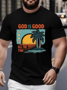 Atardecer tropical con palmera y sol brillante simbolizando fe y esperanza eterna en esta gran camiseta de hombre casual - Negro - Ver 6