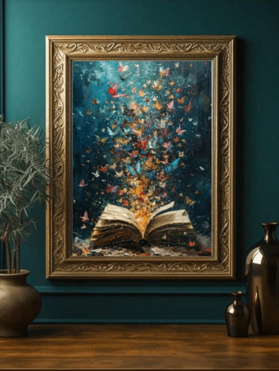 Tablou pe pânză cu 1 piesă, cu ramă din lemn, fluturi înflorind pe pagini de carte - Pictură abstractă în ulei, decor pentru sufragerie, dormitor, birou de acasă - Temă modernă de citit, gata de agățat, cadou de ziua de naștere/absolvire