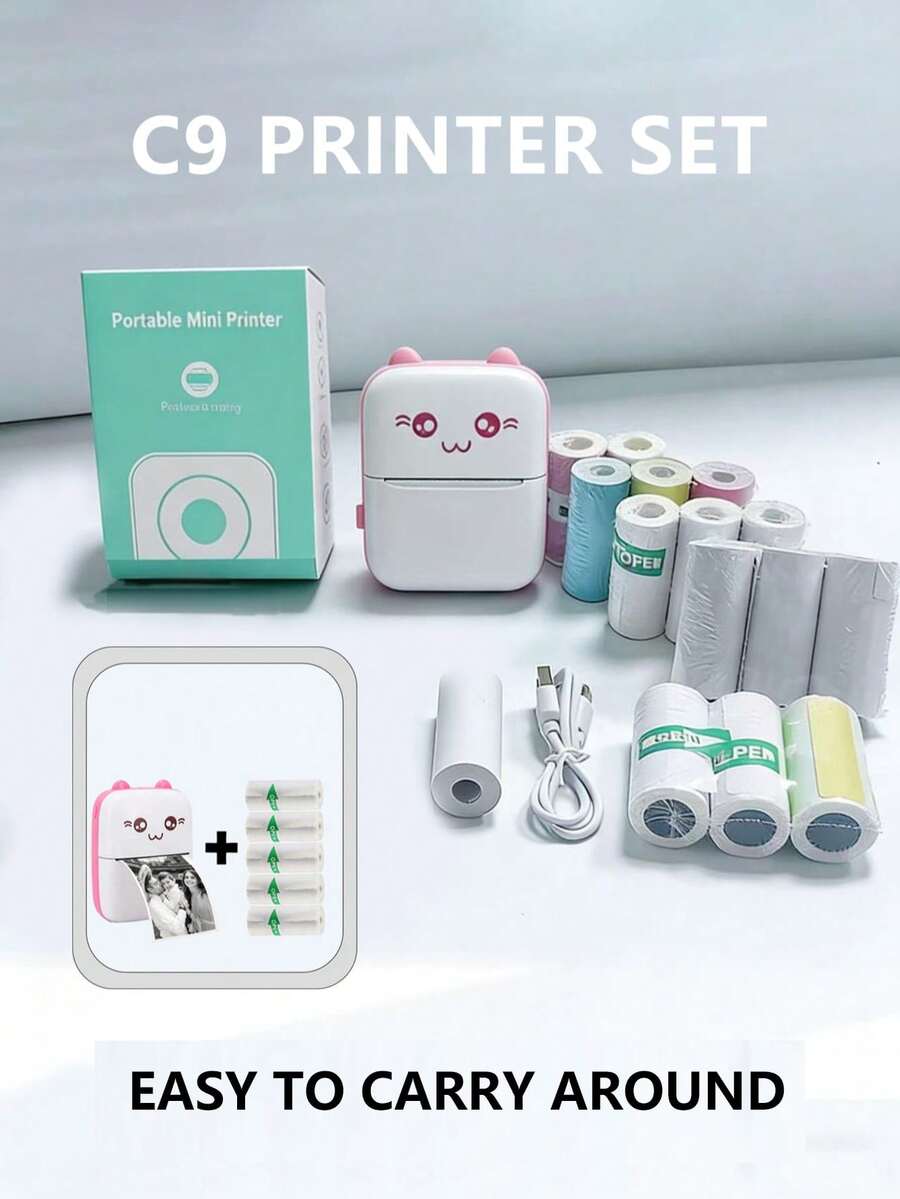 1 pieza Impresora + 5 rollos de papel, Impresora de fotos de bolsillo mini, Impresora térmica portátil sin tinta, Pegatinas de papel de transferencia de 57 mm, Impresora inalámbrica Bluetooth 200 dpi, Rosa
