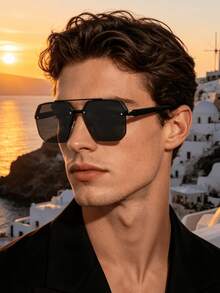 1 Pair Men's Square Double Bridge Aviator Sunglasses, Cool Metallic Texture, Stylish UV Protection, Fashionable Personalized, Suitable For Daily Use, Vacation And Travel - Black and Gray - View 4