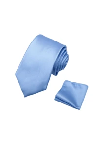 1 buah Set Dasi dan Sapu Tangan Saku Pria 8cm Bertekstur Emas, Set Dasi Pengantin Pria untuk Pesta Pernikahan - Baby Blue - View 2