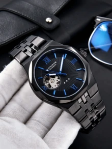 LONGLUX 1 Stück Herren Automatik-Mechanik-Uhr mit Cut Out römischen Mischzifferblatt, Luxus-Business-Stil Armbanduhr aus Stahl, geeignet für den täglichen Gebrauch und als Urlaubsgeschenk - Schwarz - Übersicht 4