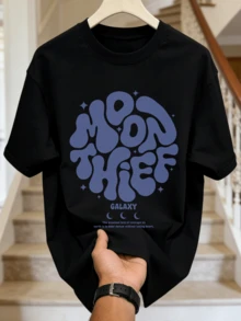 Men's Summer Casual Soft Round Neck Short Sleeve-Shirt,Blue Bubble Moon Theme Letter Print Graphic Is Suitable Daily Wear. - Black - View 4