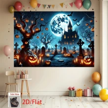 1pc Halloween Castle Moonlight Pumpkin Banner, Polyester Material, Suitable For Halloween Party, Haunted House Theme Events, Birthday, Indoor/Outdoor Decoration, Home Decor, Garden, Yard Decoration And General Theme - A - View 7