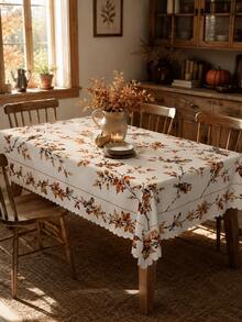 1pc Autumn Bird & Maple Leaf Branch Print Tablecloth, Cream White Vintage Pastoral Style Wavy Edge Dining Tablecloth, Suitable For Kitchen, Dining Room, Family Gathering, Autumn Lunch, Tablecloth For Dining Room, Kitchen Essentials - Multicolor - View 17