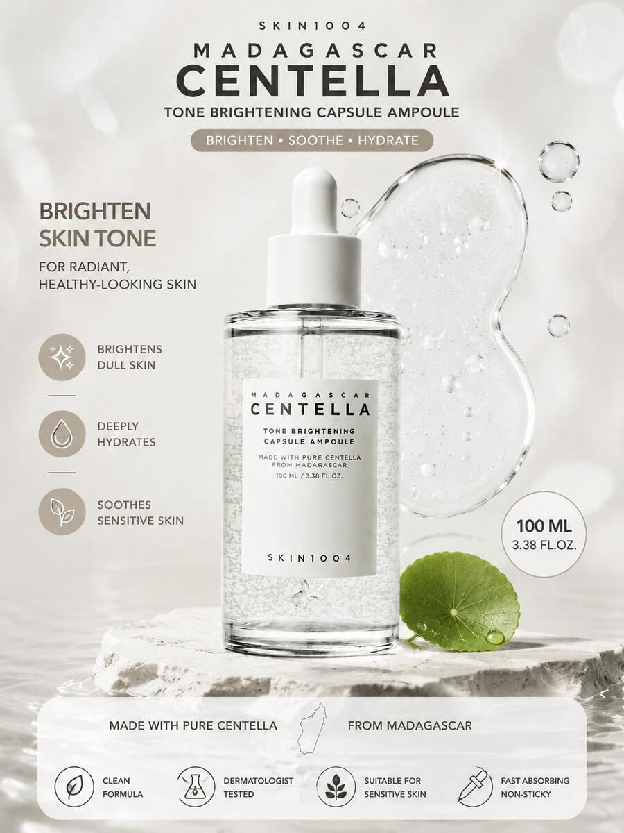 SKIN1004 亮白膠囊安瓶，含菸鹼醯胺與積雪草萃取的韓國保濕臉部精華液，含麴酸，改善暗沉與膚色，韓國護膚品，1.69 Fl Oz/50 Ml