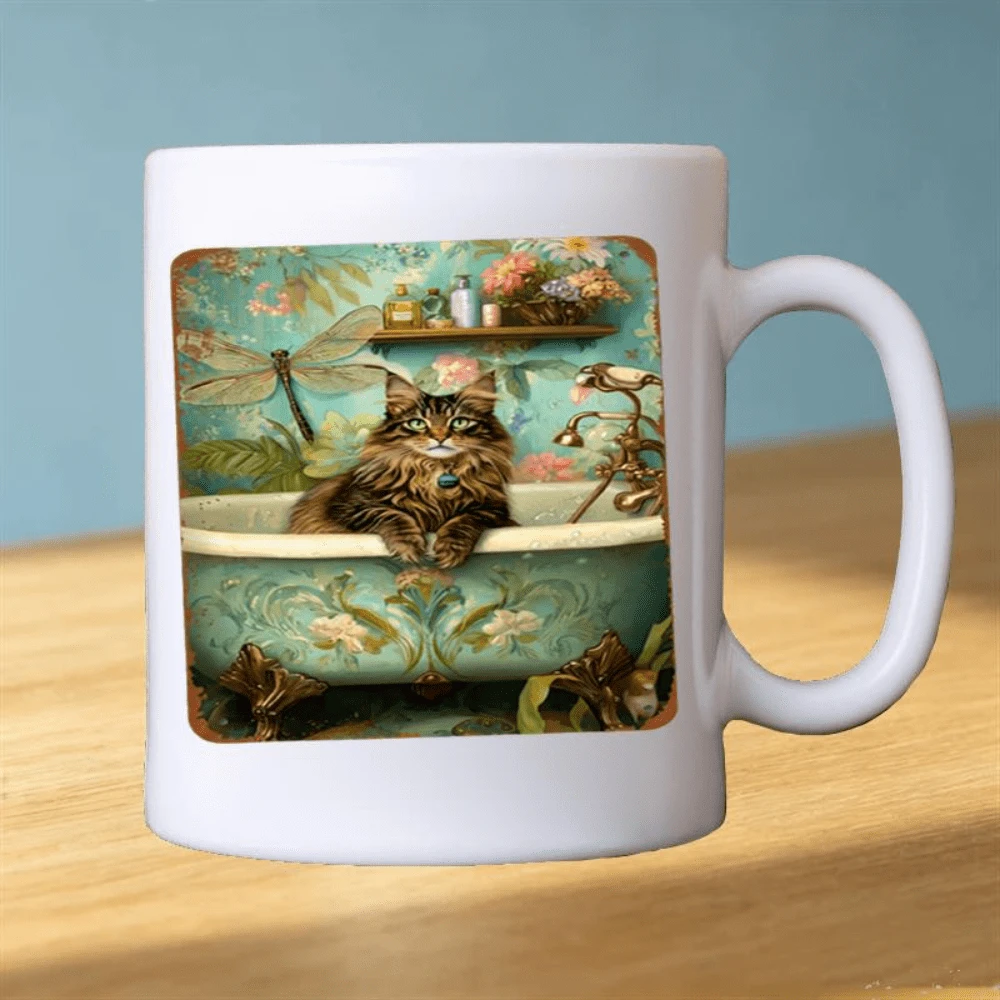 Taza de café de cerámica con estética vintage de gato en bañera. Taza de café original para regalar con un gato en la bañera y una libélula para la oficina o el desayuno. - Blanco - Ver 1