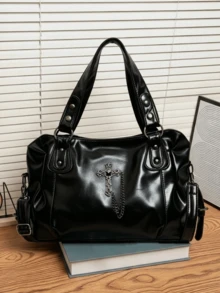 Fashionable Textured Large Capacity Tote Bag, Commuter Shoulder Crossbody Women's Bag, Suitable For Outings, Shopping, Travel, Commuting - Black - View 13