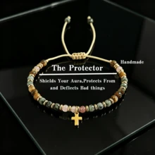 Boho Adjustable Natural Gemstone Beaded Bracelet With Gold Cross Pendant, Braided Rope Vintage Jewelry, Ideal Easter Gift For Women - Multicolor - View 2