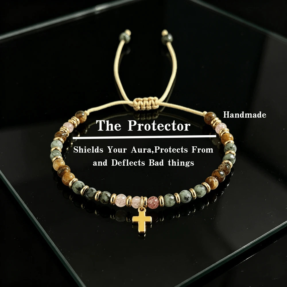 Boho Adjustable Natural Gemstone Beaded Bracelet With Gold Cross Pendant, Braided Rope Vintage Jewelry, Ideal Easter Gift For Women