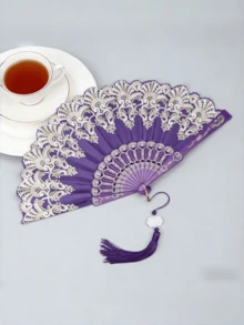 1Pc /2Pcs Vintage Gothic Lace Folding Hand Fan With Jade Pendant Tassel, Retro Gold Stamping Floral Handheld Fan, Chinese Style Accessory For Lolita Cosplay Dance Wedding Party Decor & Gift - Folding Fan - View 9