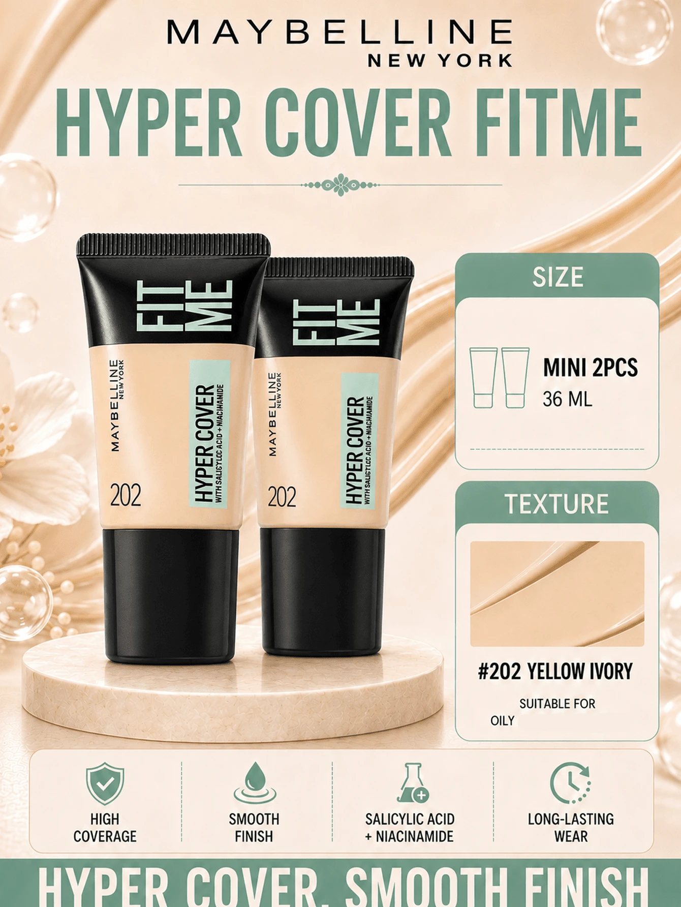 Maybelline Custom Foundation Flawless Versión 202, Muestra 18ml*2 piezas, Textura Ligera y Adherente, Alta Cobertura, Larga Duración, Resistente a la Opacidad