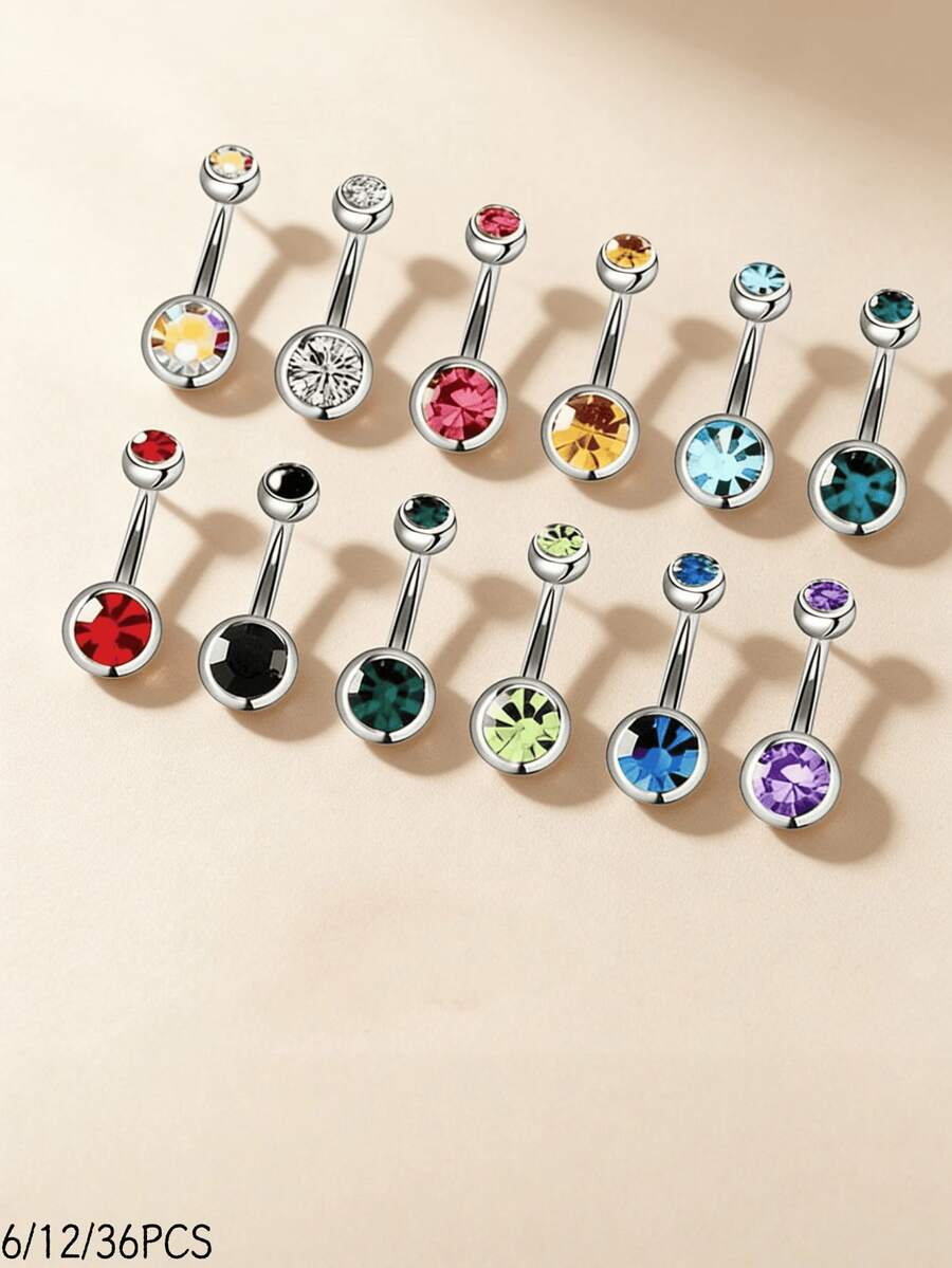 12pcs New Stainless Steel Random Color Minimalist Belly Piercing Studs, Random Color (6/12/36pcs) - Multicolor - View 1