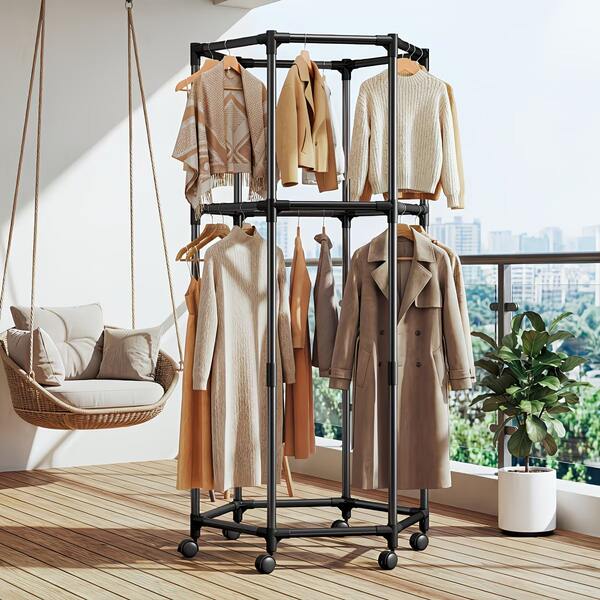 1pc Portable Closet Organizer Rack With Wheels, Single/Double-Tier Metal Garment Stand, Space-Saving Clothes Storage Rack For Bedroom Closet Laundry Room Dorm Apartment, Black