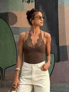 Women's Summer One-Piece Bodysuit, Deep V-Neck, Novel And Sexy, Lace Patchwork Elements - Khaki - View 8