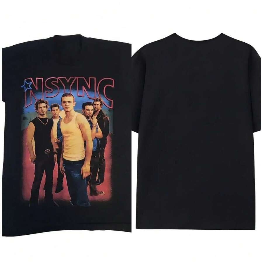 Camiseta gráfica vintage de la banda NSYNC para hombres - Camiseta de manga corta de la cultura pop retro de los 90 con impresión neón vibrante, camiseta casual de ajuste regular, regalo de - Negro - Ver 1
